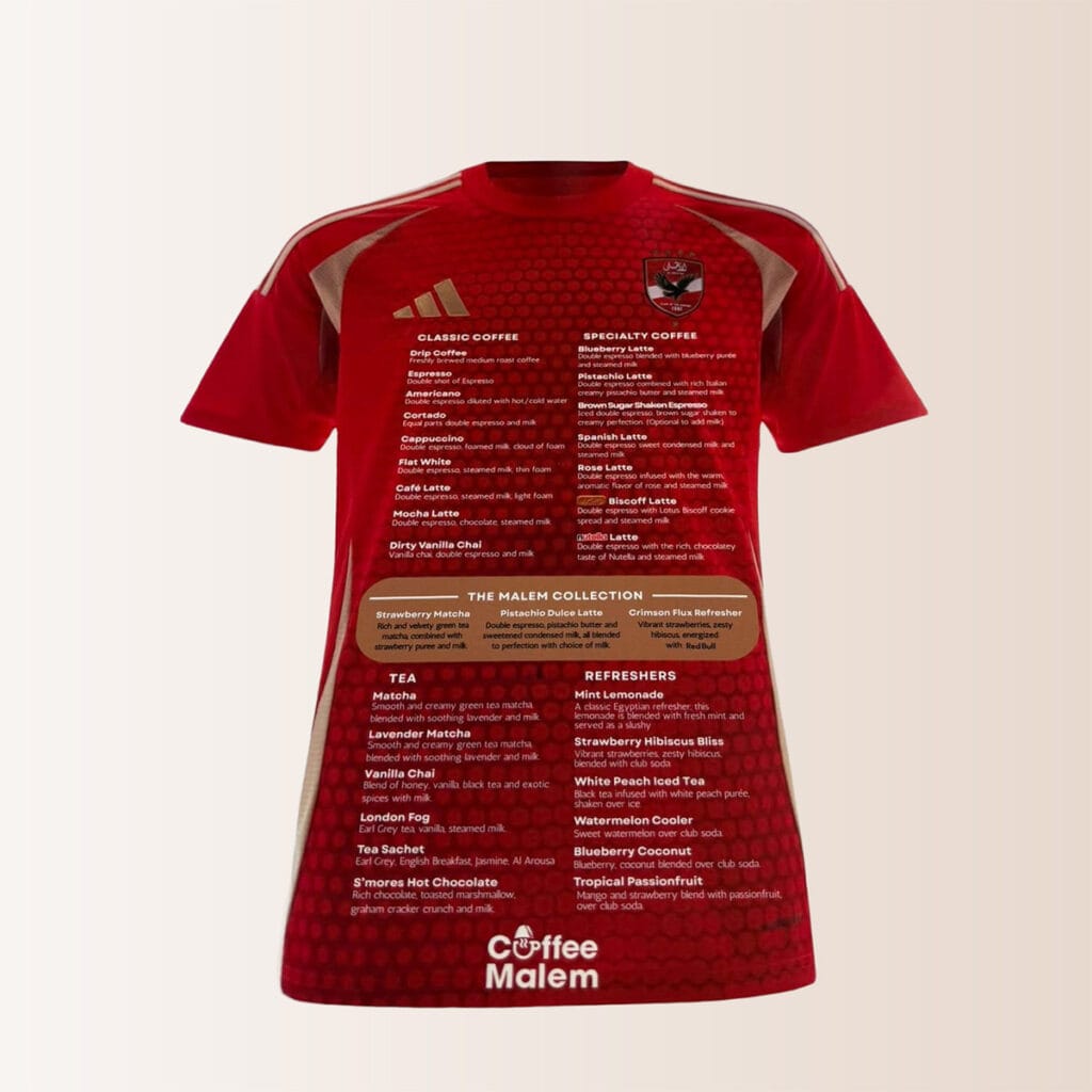 Jersey-shaped Al Ahly SC coffee menu created by Coffee Malem for the 2025 FIFA Club World Cup