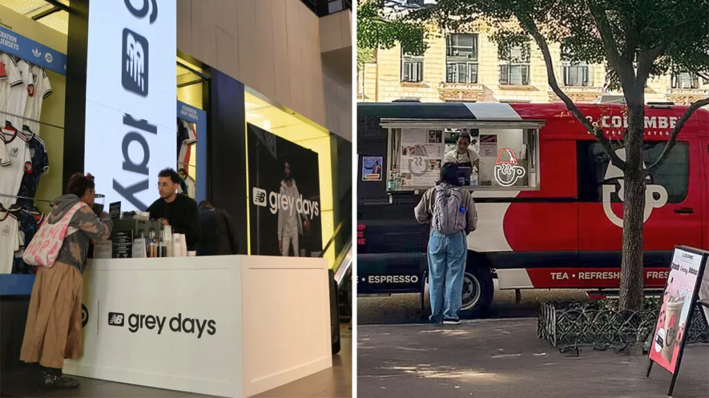 Coffee cart at an indoor event and coffee truck serving guests outdoors