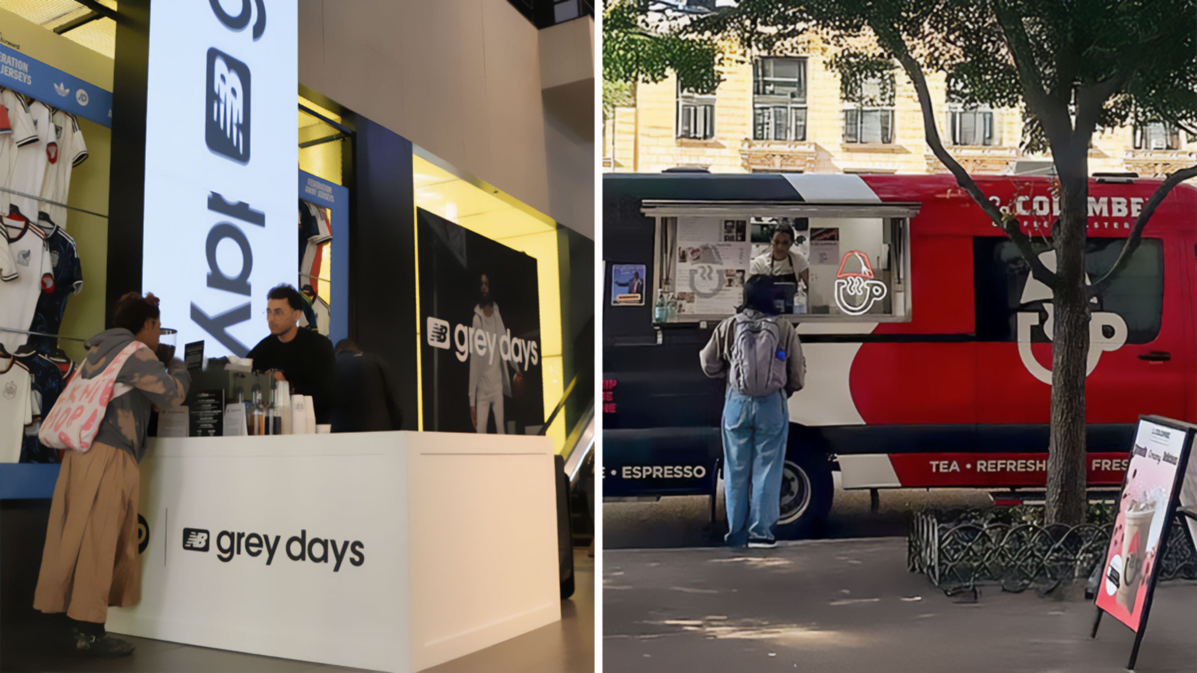 Coffee cart at an indoor event and coffee truck serving guests outdoors