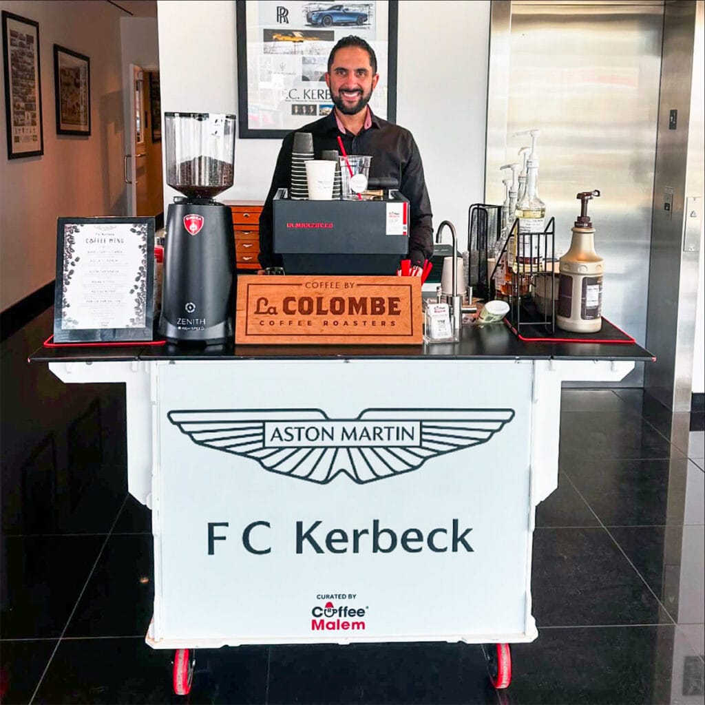 Coffee Malem branded coffee cart serving an Aston Martin event at FC Kerbeck in New Jersey.