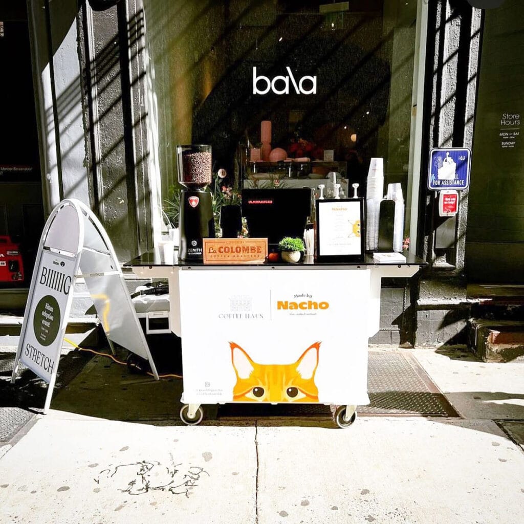 Branded mobile coffee cart set up outside Bala in SoHo, New York.