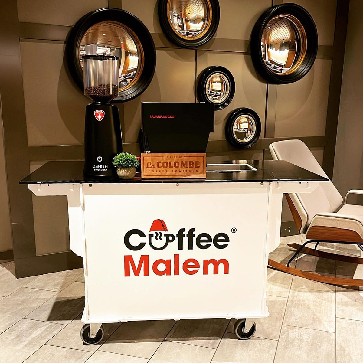 Coffee Malem coffee cart set up inside The Octagon in New York City.