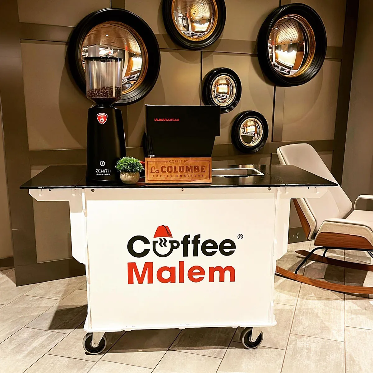 Coffee Malem coffee cart set up inside The Octagon in New York City.