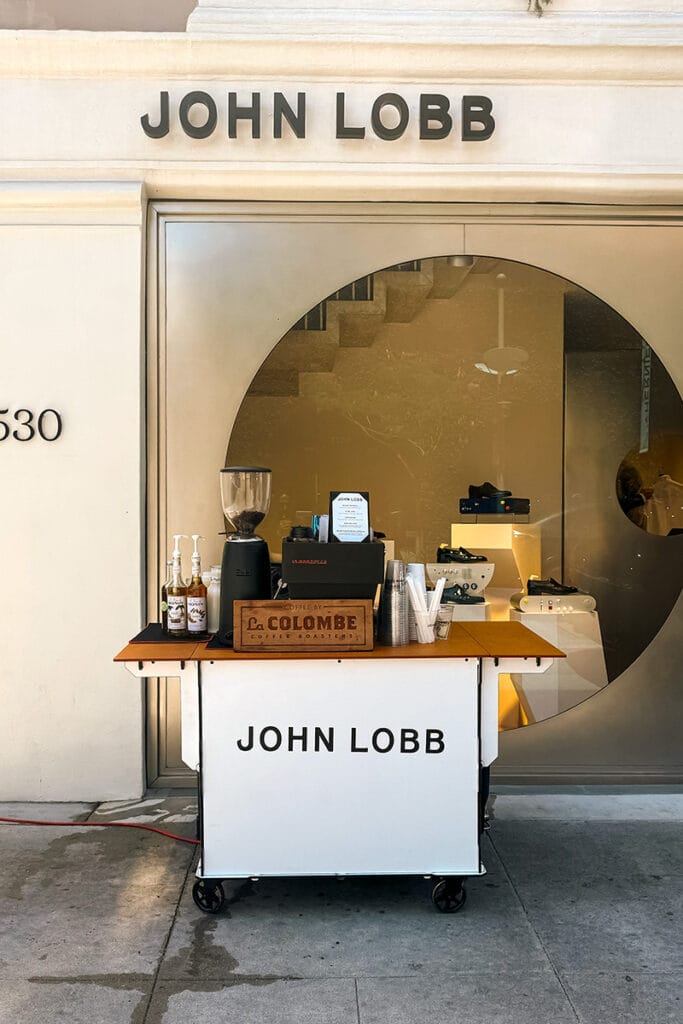 Coffee Malem branded coffee cart outside John Lobb in Beverly Hills, California