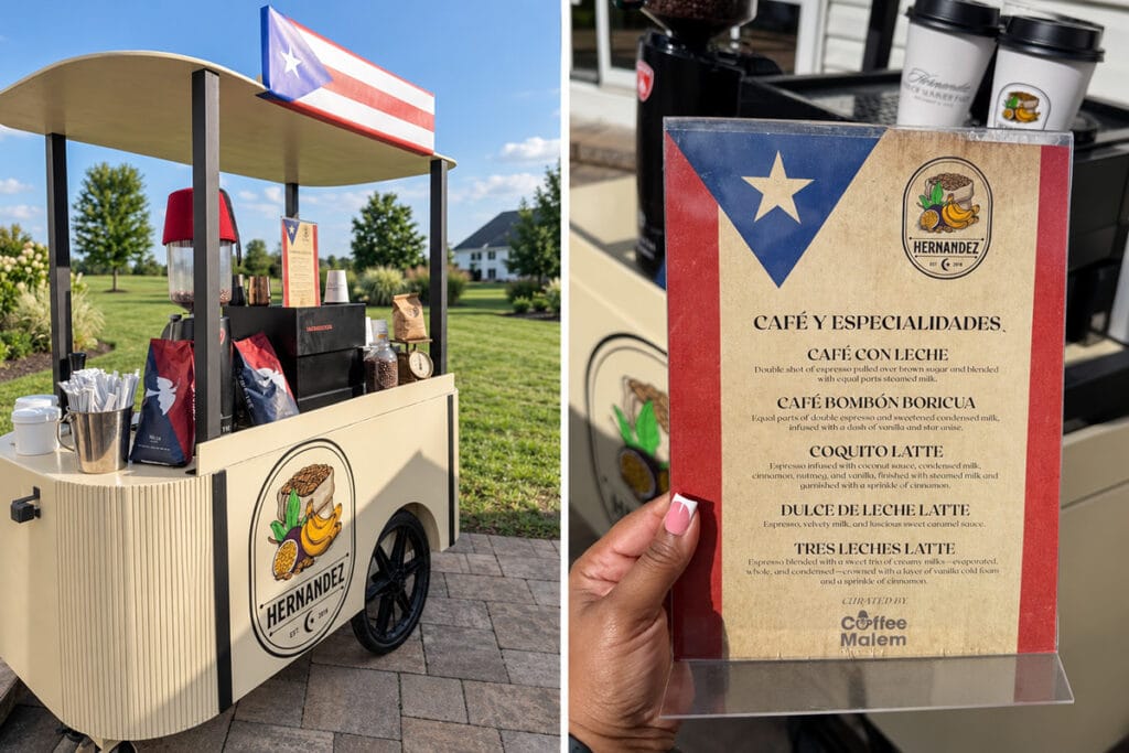 Coffee Malem Paris Runway cart and Puerto Rican-inspired menu for the Hernandez family celebration