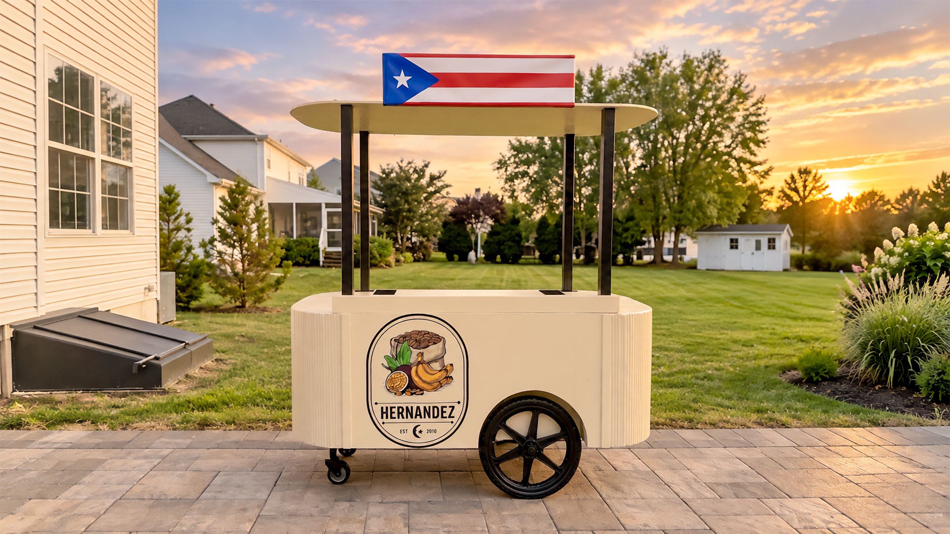 Coffee Malem Paris Runway cart with the Hernandez family crest and Puerto Rican flag