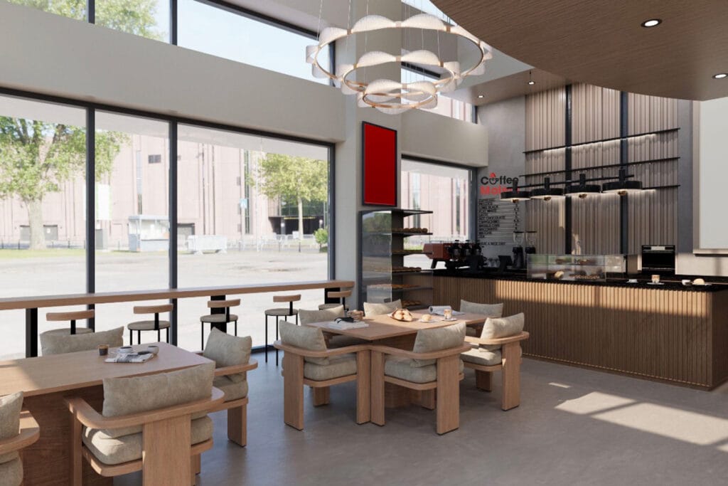 Architectural rendering of Coffee Malem’s Jersey City café, showing the coffee counter and seating area.