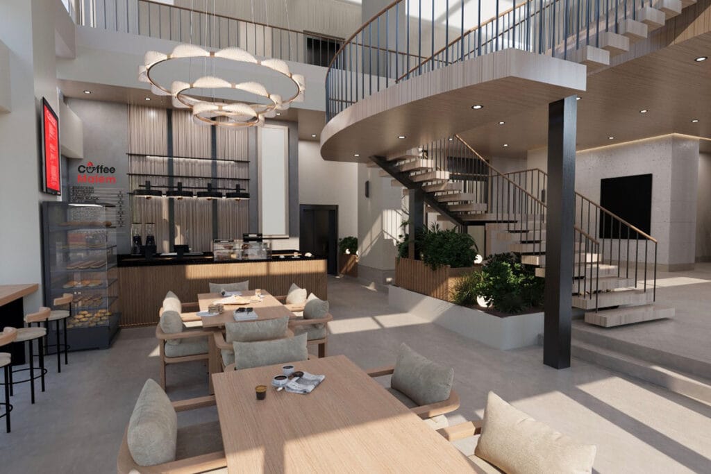 Architectural rendering of Coffee Malem’s Jersey City café, showing the coffee counter and curved staircase.