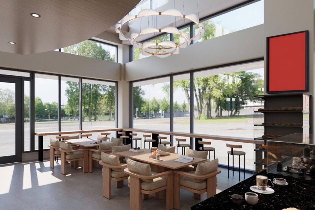 Architectural rendering of Coffee Malem’s Jersey City café, showing seating beside floor-to-ceiling windows.